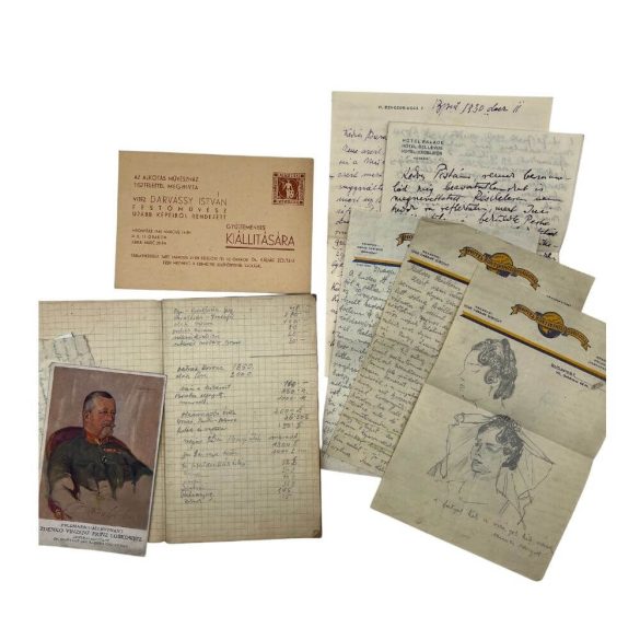 Darvassy István (1888-1960): Vázlat könyv (40 oldal)
(Benne vázlat rajzok, adatok, portrék, illetve a festő írásos magyarázattal. Múzeumoknak, adattároknak, a festő életútját kutató művészettörténészeknek javasolt megvételre. )
