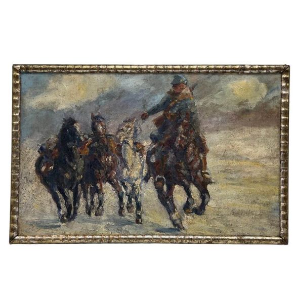 Ism. festő, 1915 k.: I. Világháborús jelenet ( Lovaskatona összeterelt lovakkal)