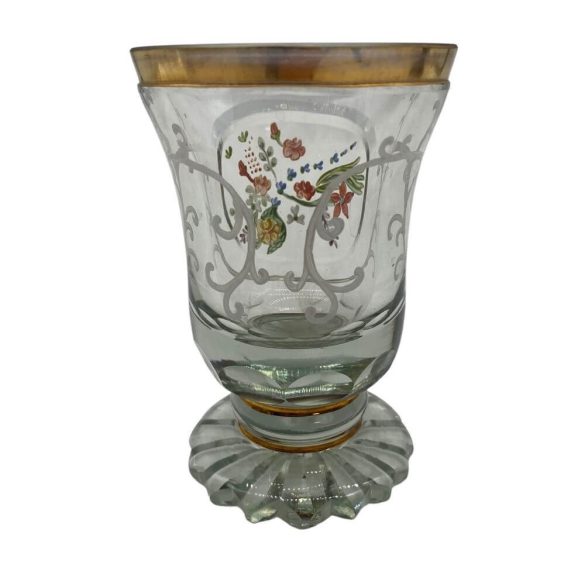 Biedermeier pohár áttetsző, virág festéssel