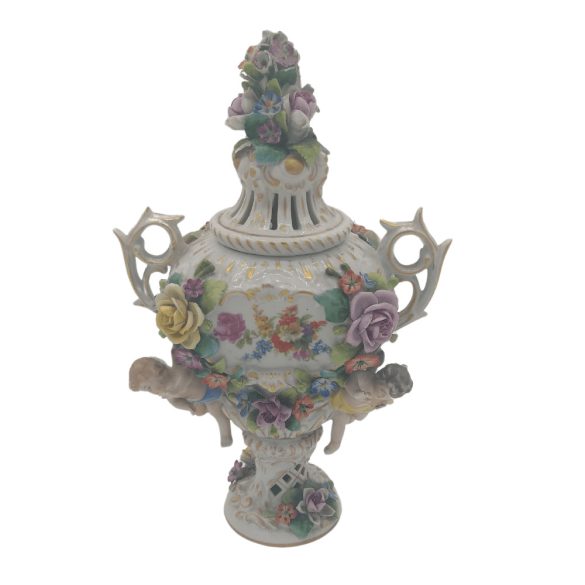 Antik Drezdai Seatendorf Németország porcelán urna rococco stílusú virágos / kerub